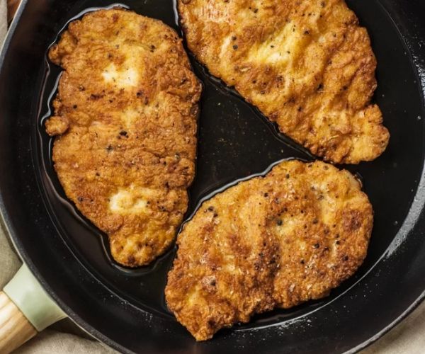 3 Simple Fried Chicken Breast Cutlets on a Fry Pan