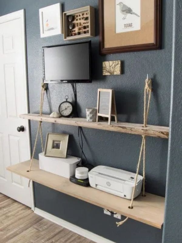 Nautical Floating Rope Shelf With Tv, Printer Clock and Frames On a Wall