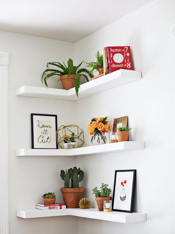 Floating Corner Shelves With Frames and Succulents On it