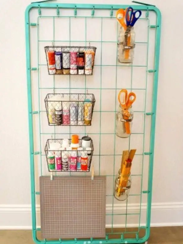 Repurposed Bed Spring Craft Storage