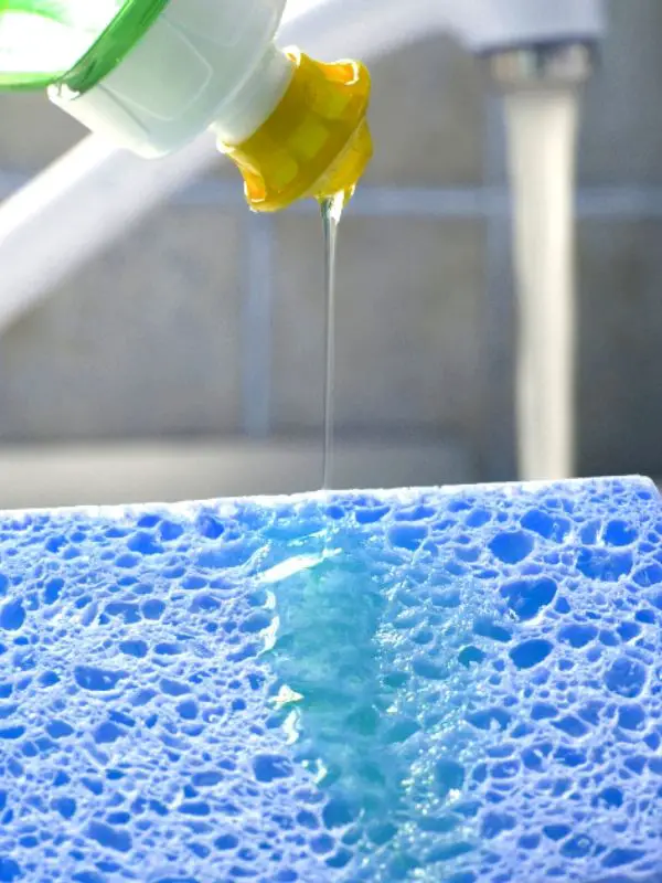 liquid soap poured on a kitchen sponge