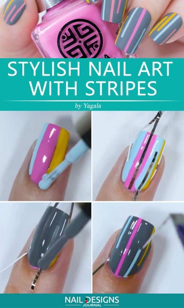 Gray With Colorful Stripes Nail Designs