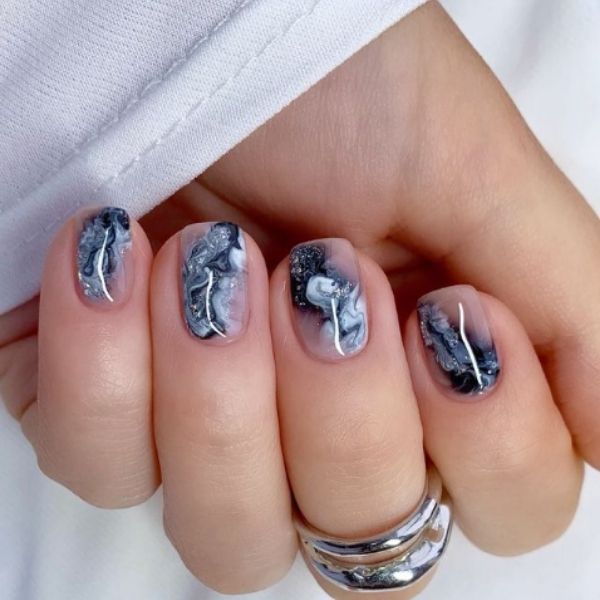 Charcoal Marble Short Acrylic Nails