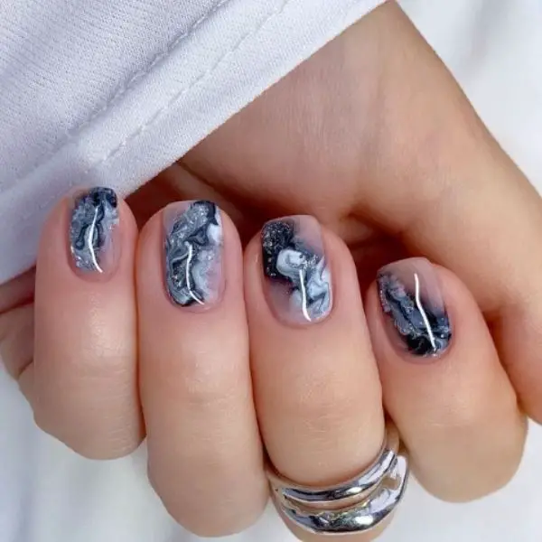 Charcoal Marble Short Acrylic Nails