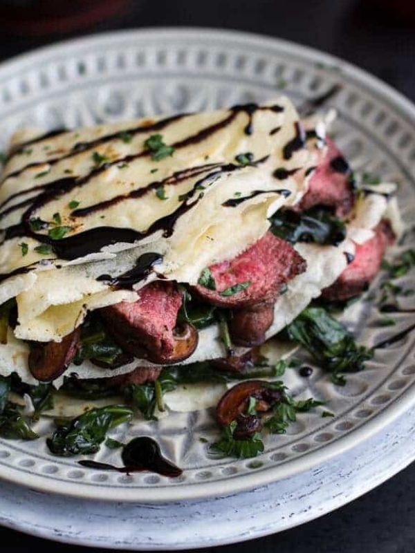 Steak, Spinach, and Mushroom Crepes with Balsamic Glaze