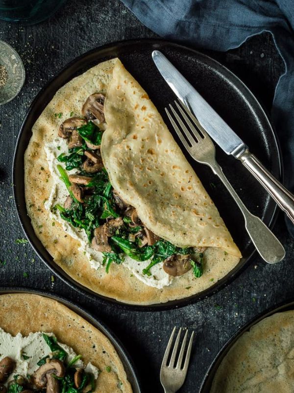Vegan Spinach and Mushroom Crepes with Almond Cheese