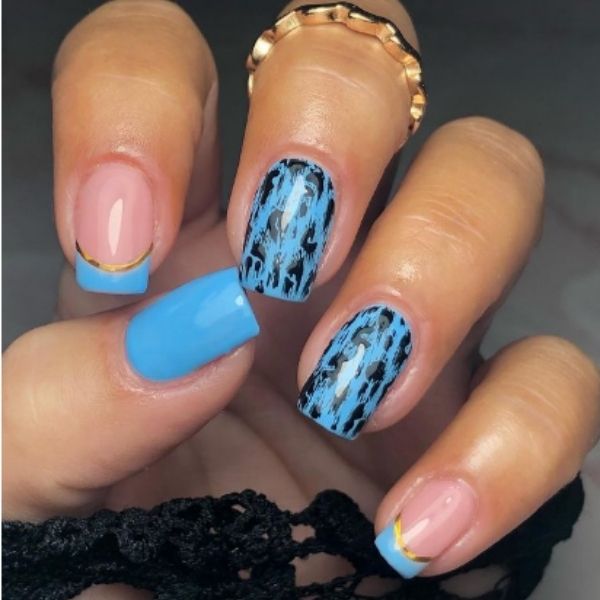 Black and Blue with Gold Flexi Tape Acrylic Nails