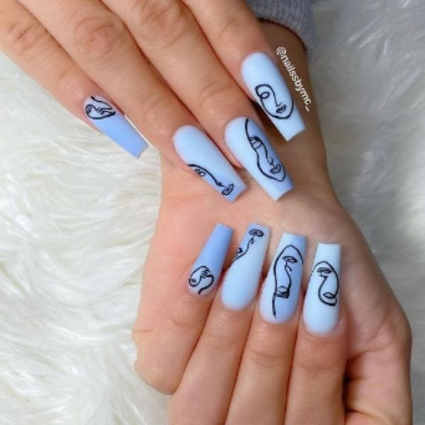 Blue Abstract Face Line Acrylic Nails