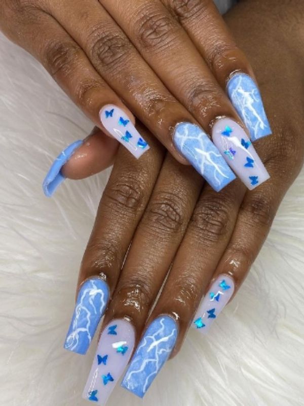 Blue Acrylic Nails with Butterflies