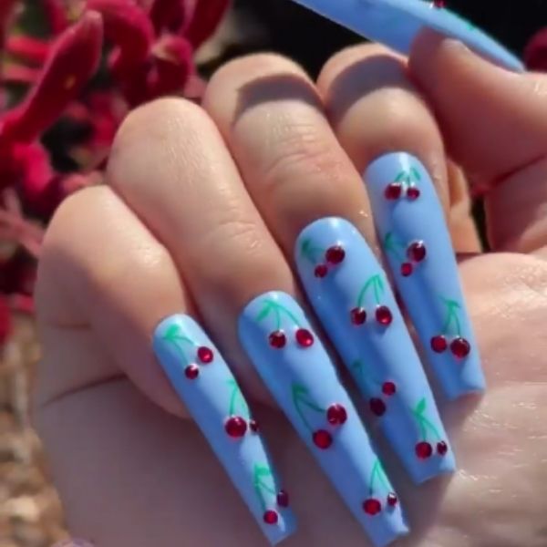 Blue Cherries Acrylic Nails