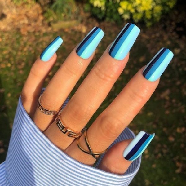 Blue Stripes Acrylic Nails