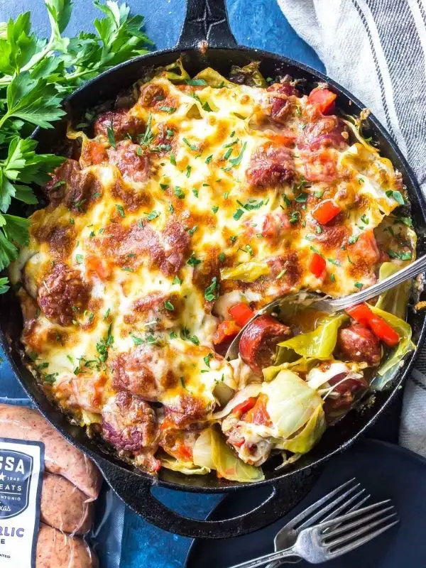 Keto Cheesy Cabbage Smoked Sausage Skillet