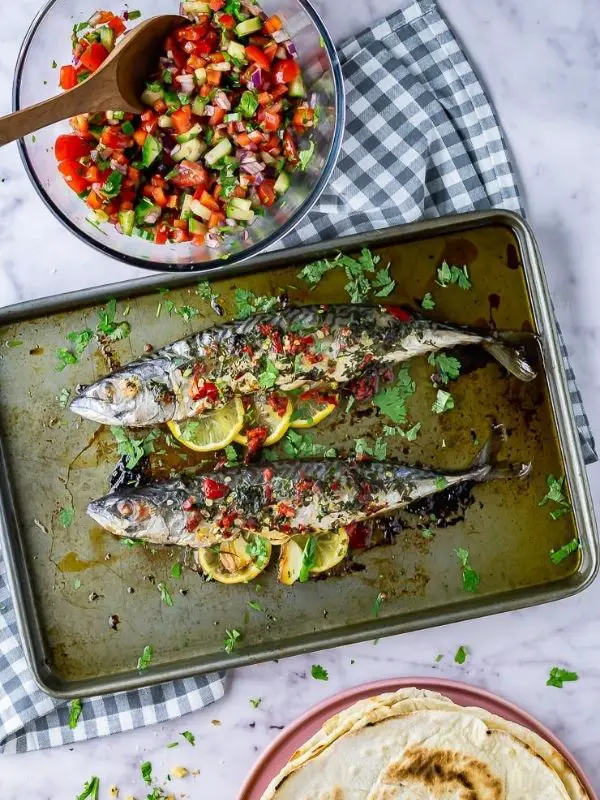 Baked Mackerel with Salad and Flatbreads