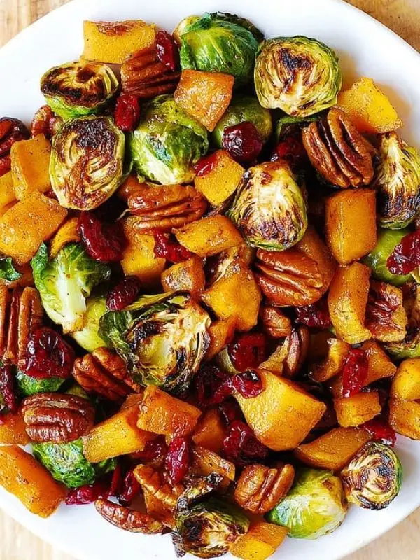 Roasted Brussels Sprouts and Cinnamon Butternut Squash with Pecans and Cranberries