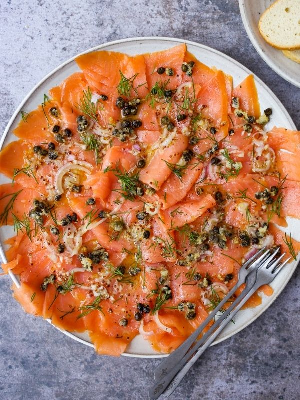 Smoked Salmon Carpaccio with Fried Capers and Herbs