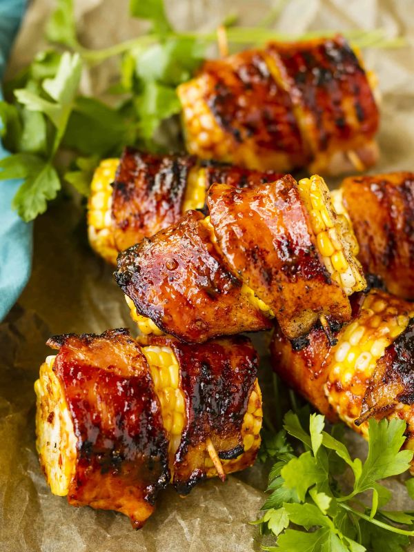 Sweet & Spicy Bacon Wrapped Corn on the Cob