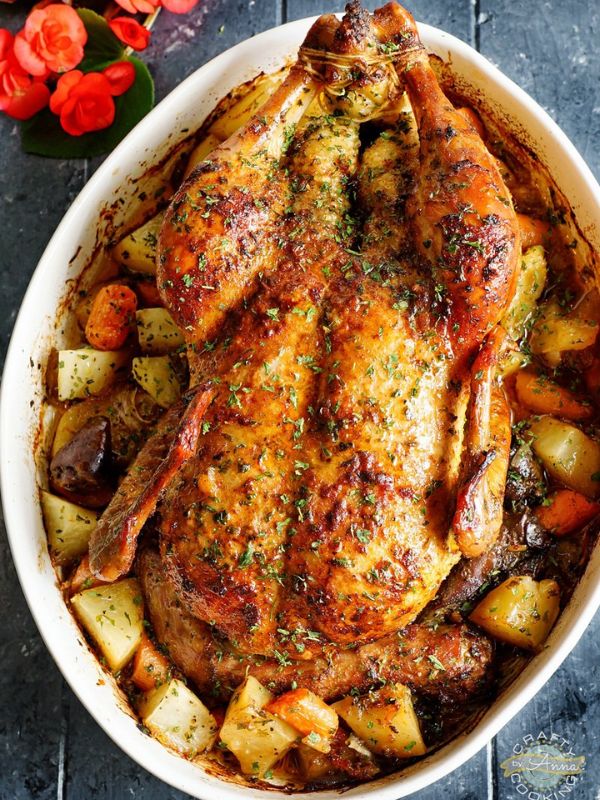 Roast Duck in Wine with Potatoes, Peppers and Mushrooms