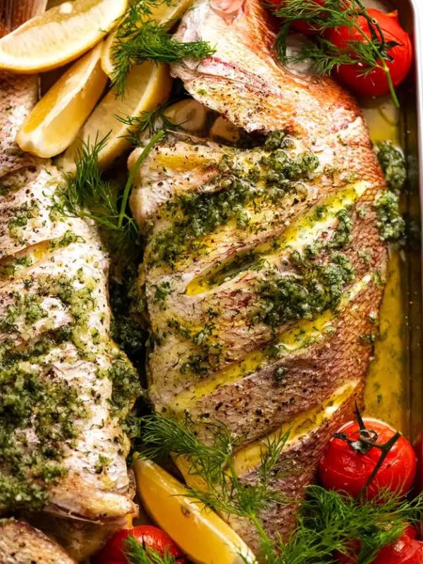 Whole Baked Fish – Snapper with Garlic & Dill Butter Sauce