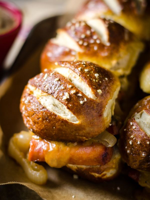 Bratwurst Sliders with Beer Cheese and Beer Braised Onions